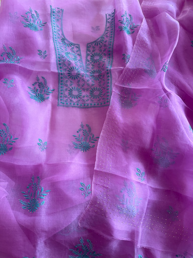Orchid purple organza chikankari kurta dupatta set with mukaish work