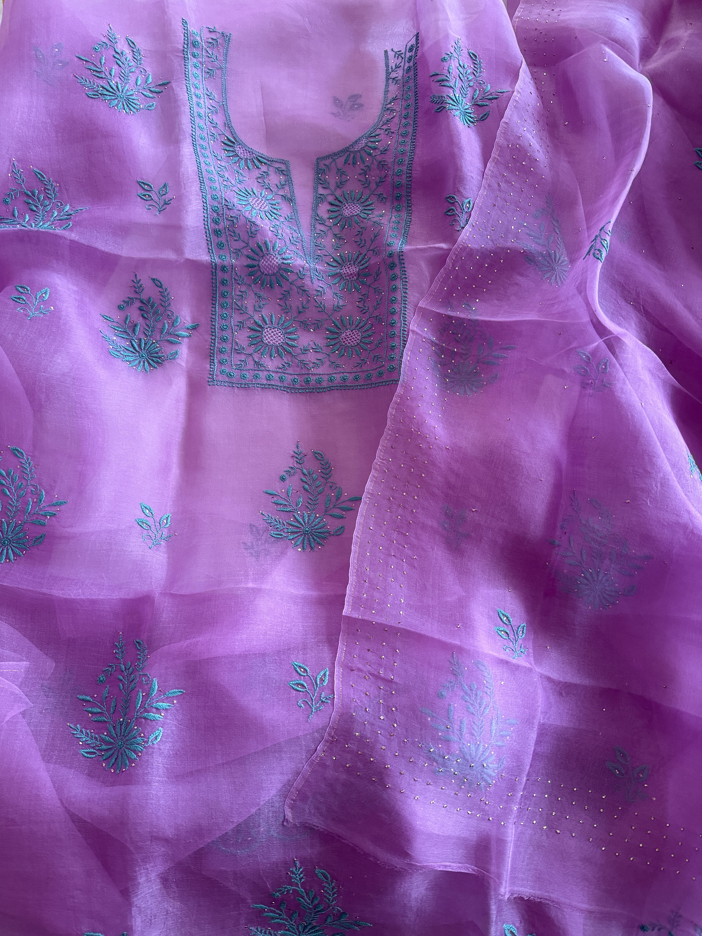 Orchid purple organza chikankari kurta dupatta set with mukaish work - Image 1
