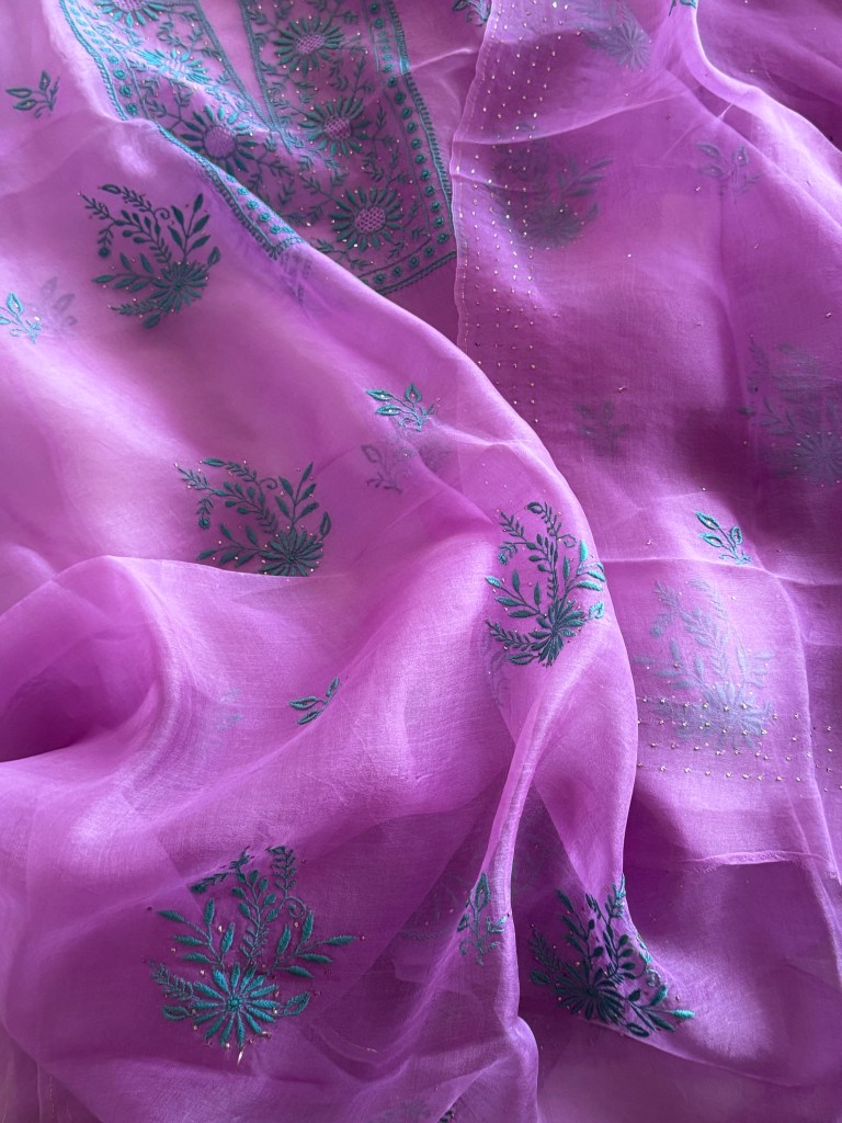 Orchid purple organza chikankari kurta dupatta set with mukaish work