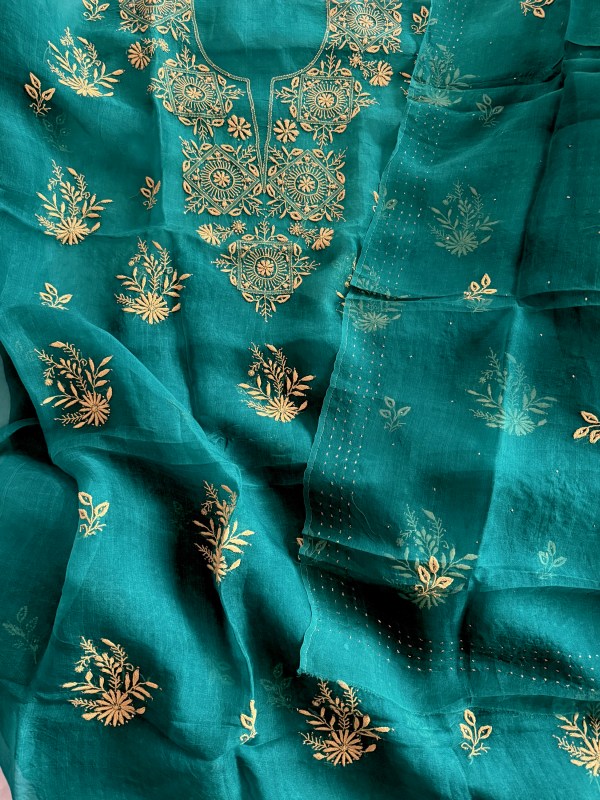 Teal organza chikankari kurta dupatta set with mukaish work