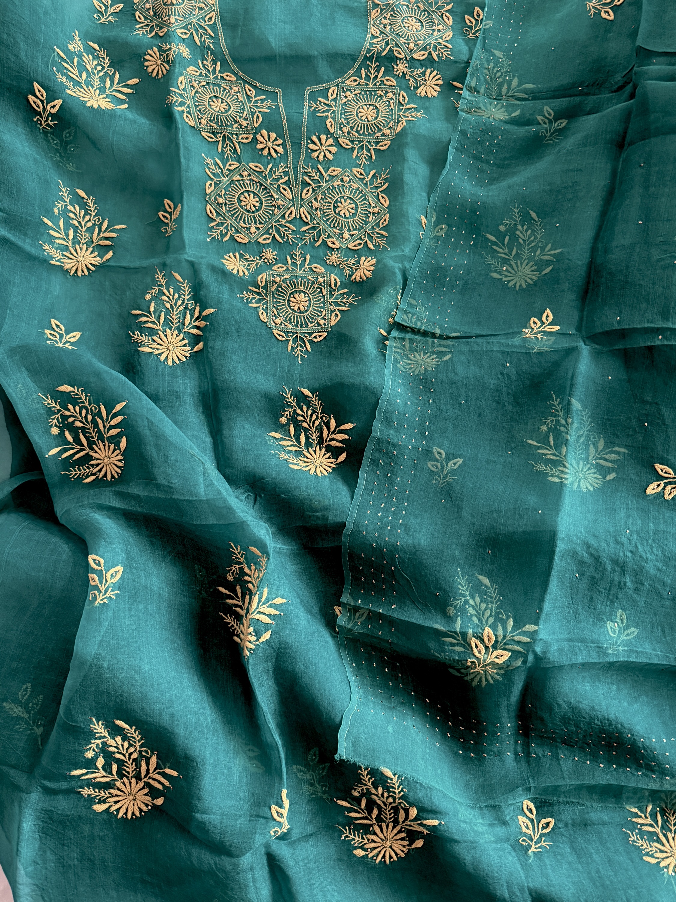 Teal organza chikankari kurta dupatta set with mukaish work - Image 1