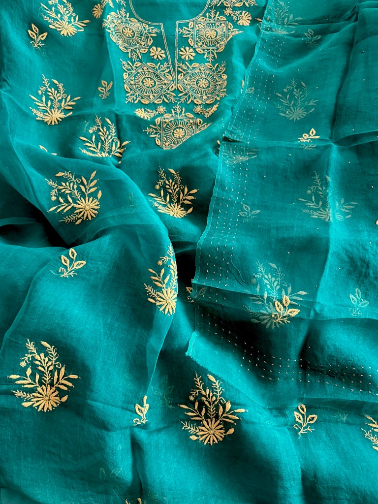 Teal organza chikankari kurta dupatta set with mukaish work