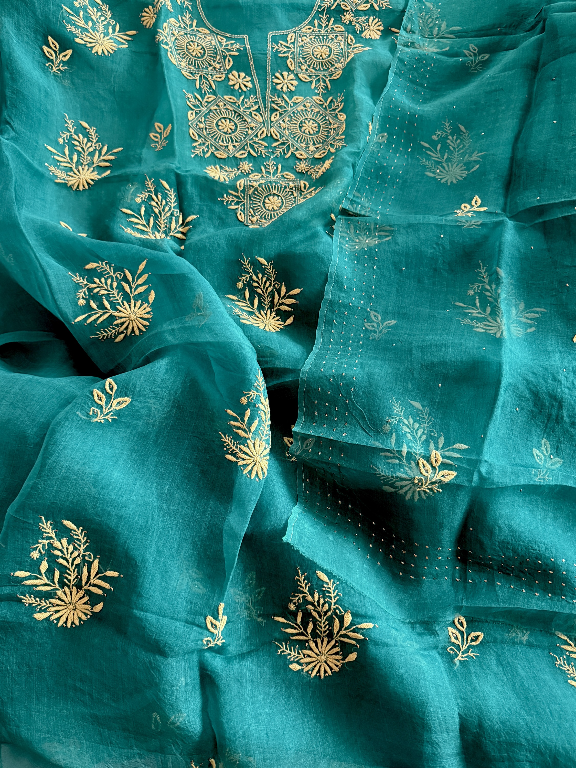 Teal organza chikankari kurta dupatta set with mukaish work - Image 2