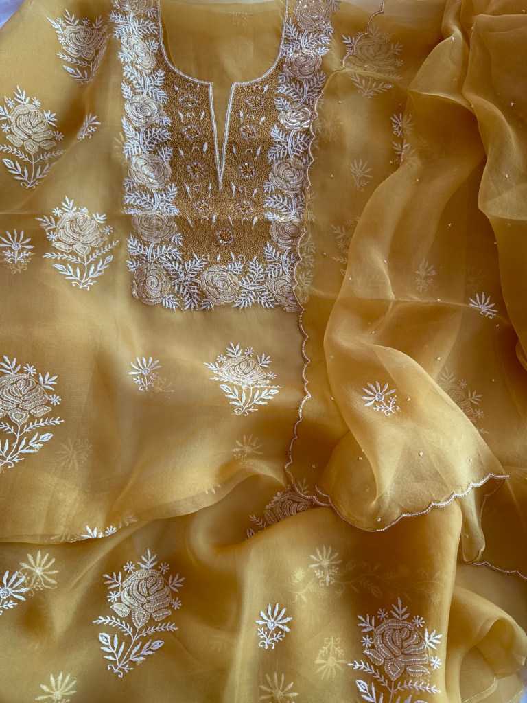 Royal yellow organza chikankari kurta dupatta set with aari, pearl & mukaish work