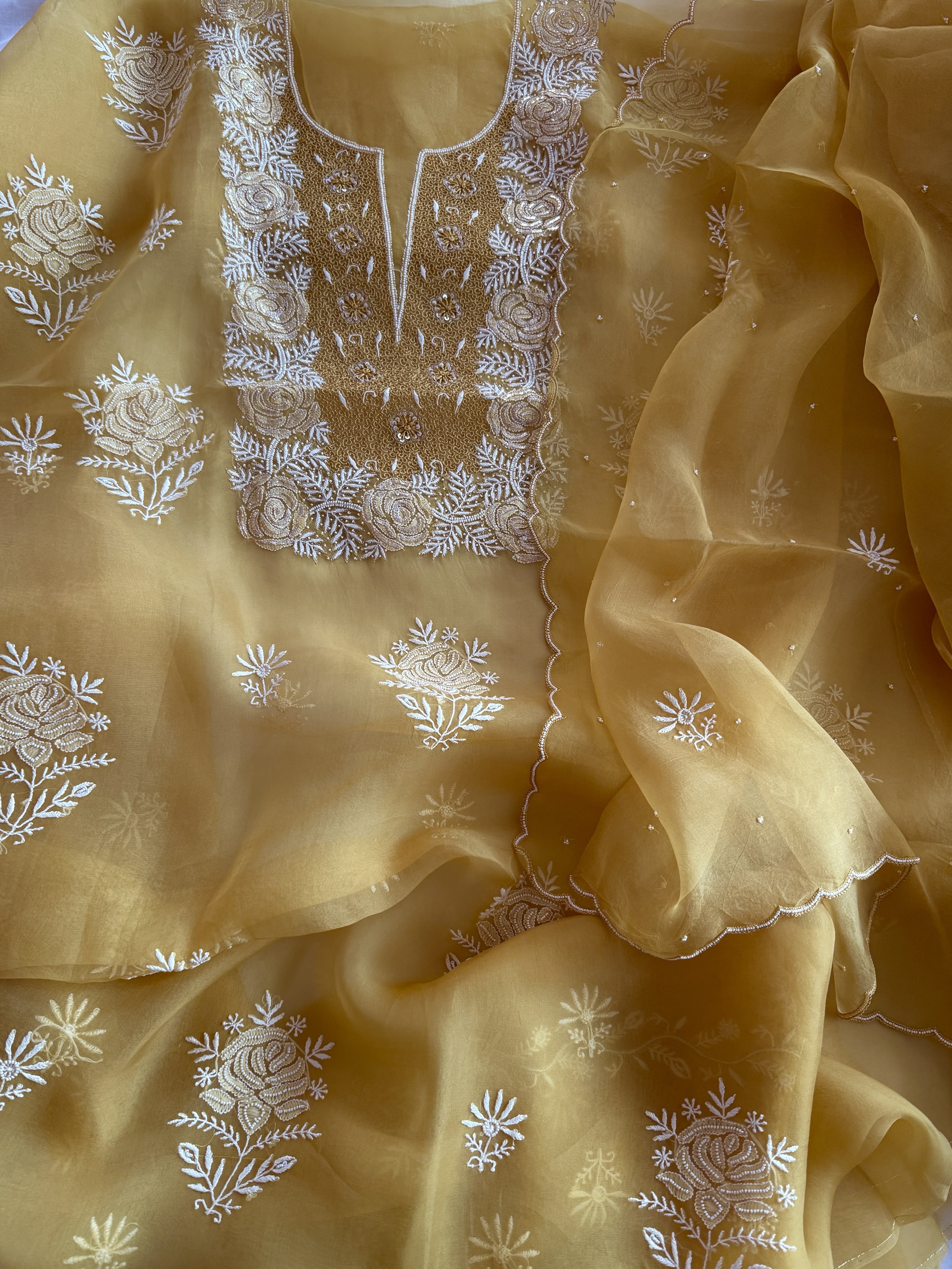 Royal yellow organza chikankari kurta dupatta set with aari, pearl & mukaish work - Image 3