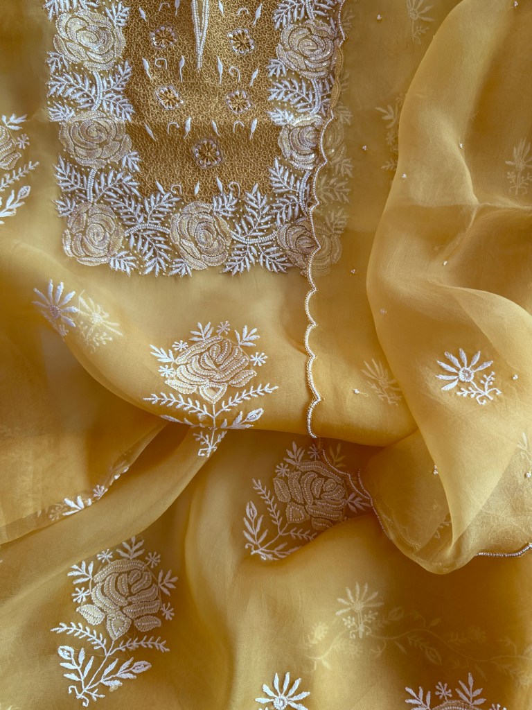Royal yellow organza chikankari kurta dupatta set with aari, pearl & mukaish work