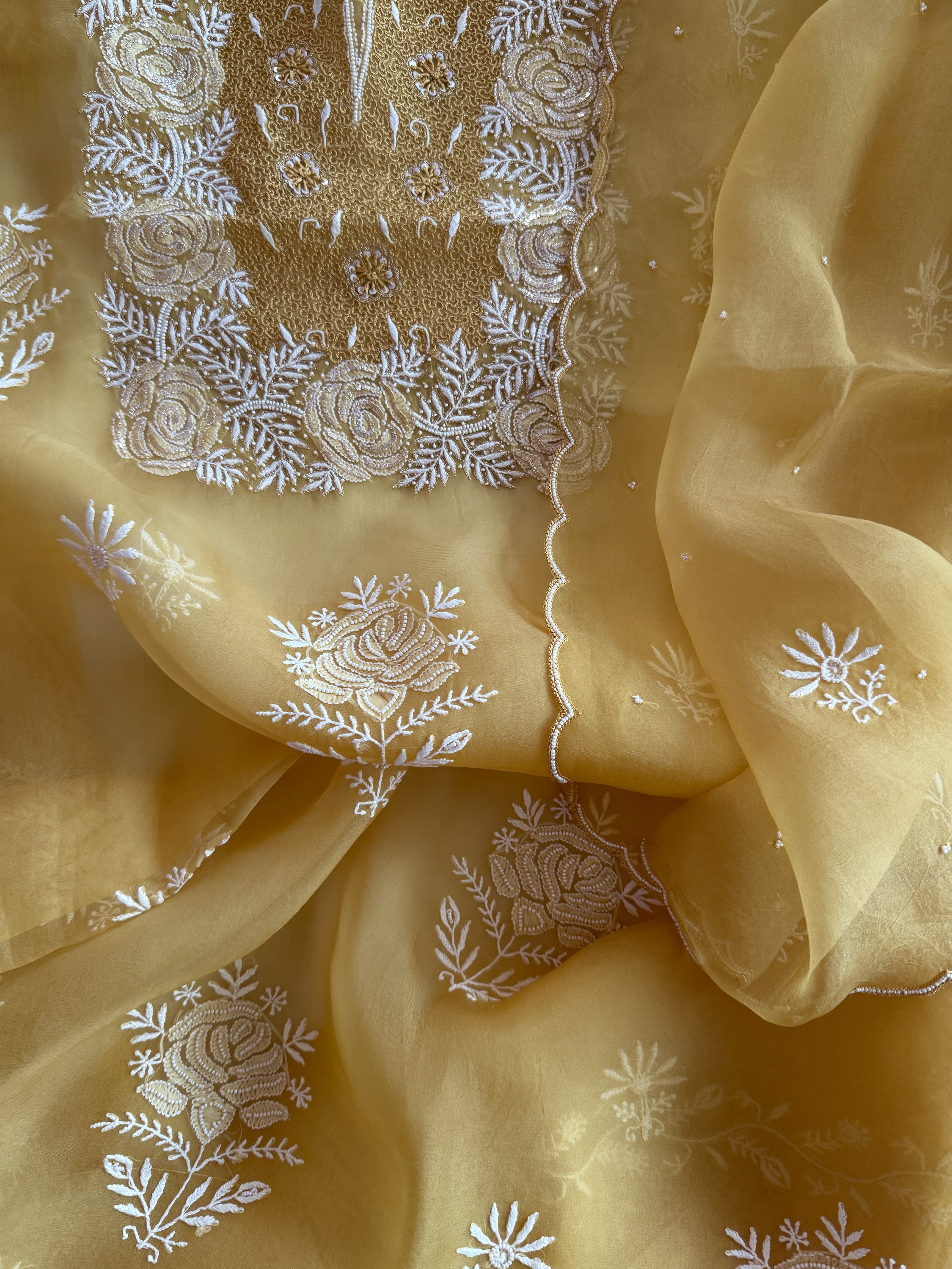 Royal yellow organza chikankari kurta dupatta set with aari, pearl & mukaish work - Image 2