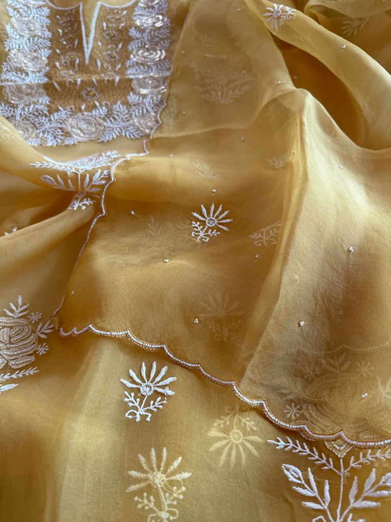 Royal yellow organza chikankari kurta dupatta set with aari, pearl & mukaish work