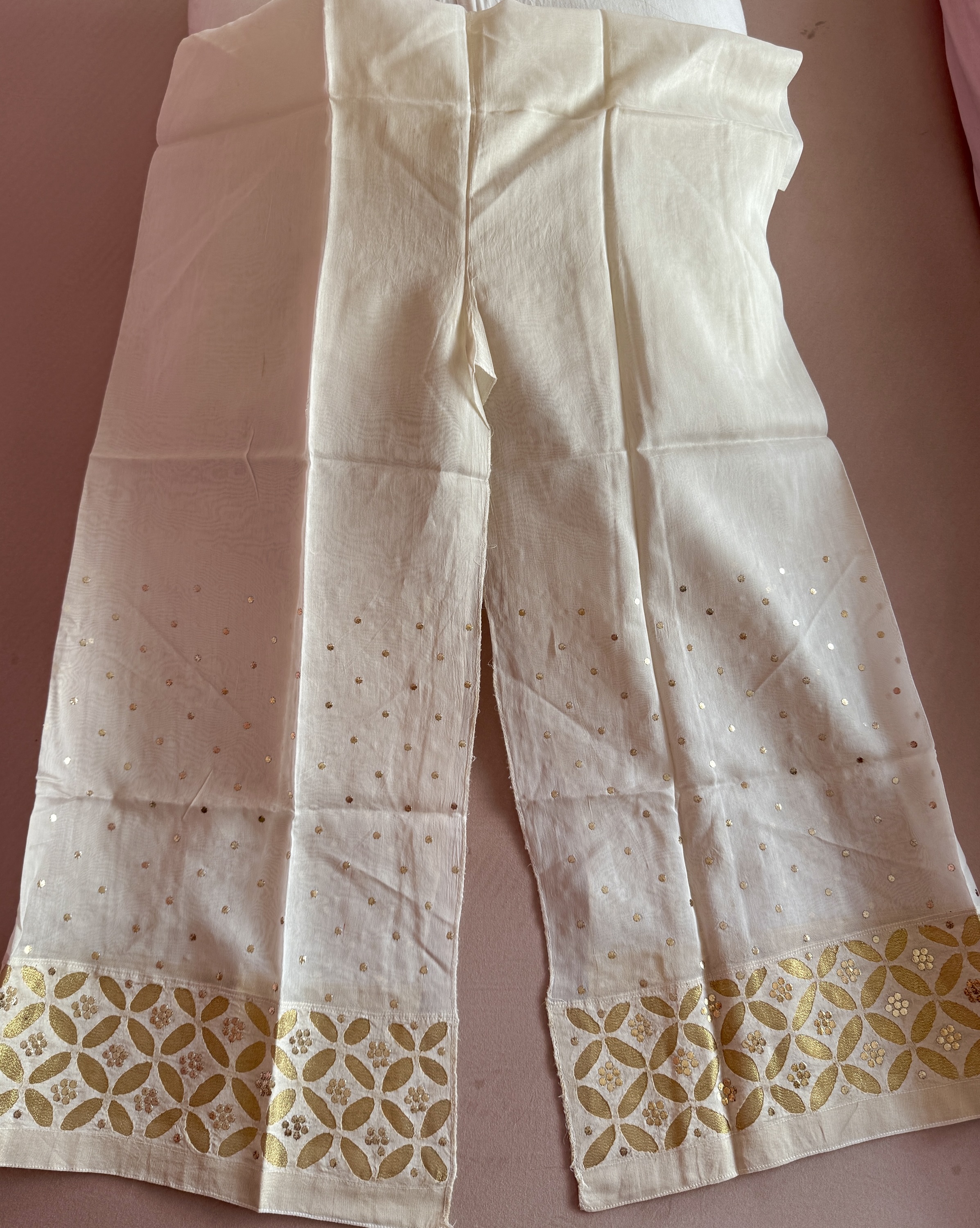 Chic off-white Chanderi semi stitched pants with applique & pitta work - Image 2