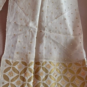 Chic off-white Chanderi semi stitched pants with applique & pitta work - Image 3