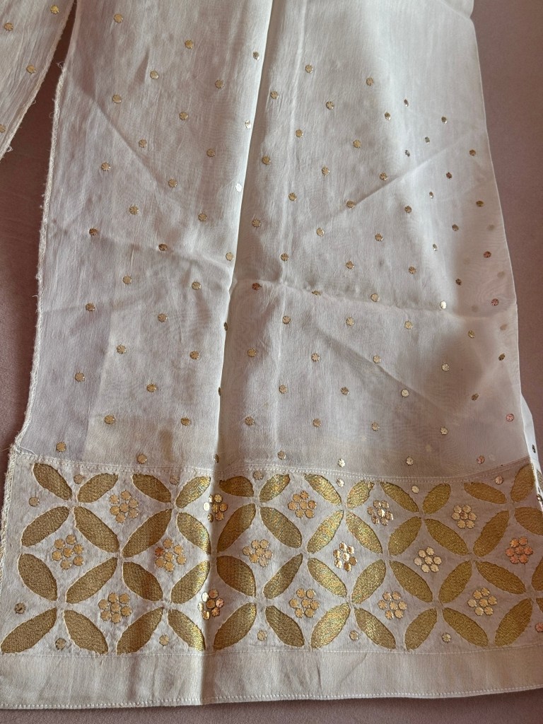 Chic off-white Chanderi semi stitched pants with applique & pitta work