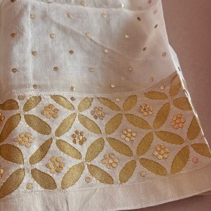 Chic off-white Chanderi semi stitched pants with applique & pitta work