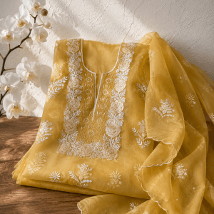 Royal yellow organza chikankari kurta dupatta set with aari, pearl & mukaish work