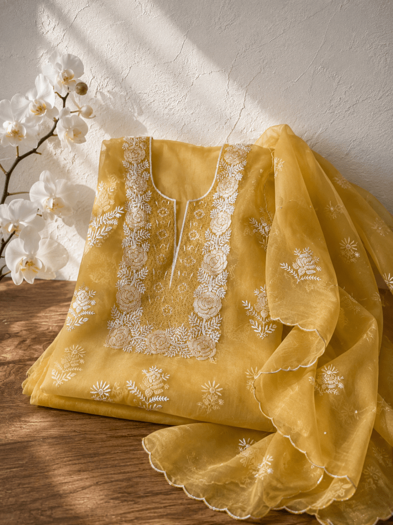 Royal yellow organza chikankari kurta dupatta set with aari, pearl & mukaish work