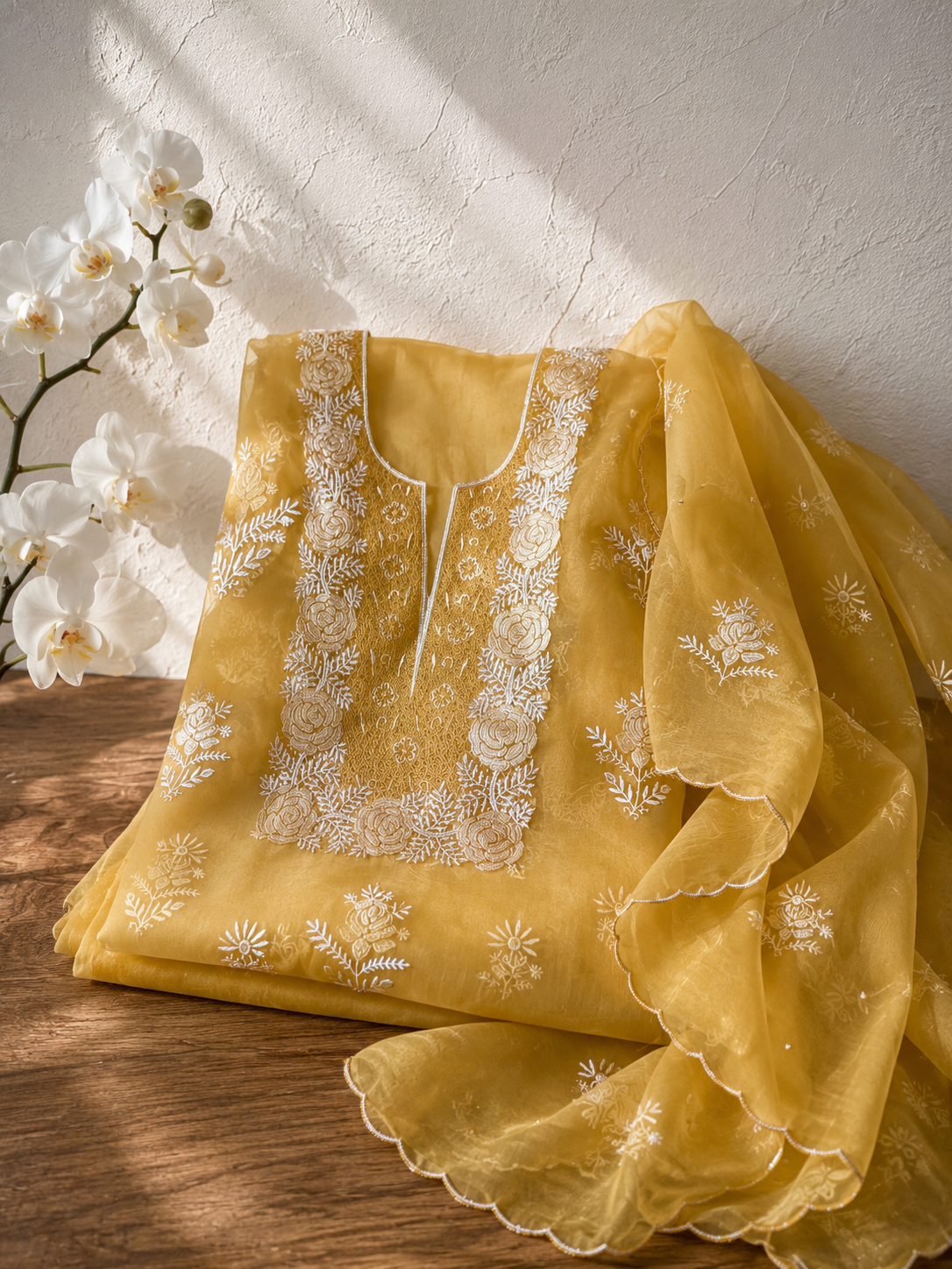 Royal yellow organza chikankari kurta dupatta set with aari, pearl & mukaish work - Image 1
