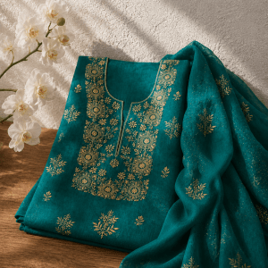 Teal organza chikankari kurta dupatta set with mukaish work