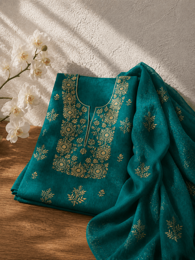 Teal organza chikankari kurta dupatta set with mukaish work