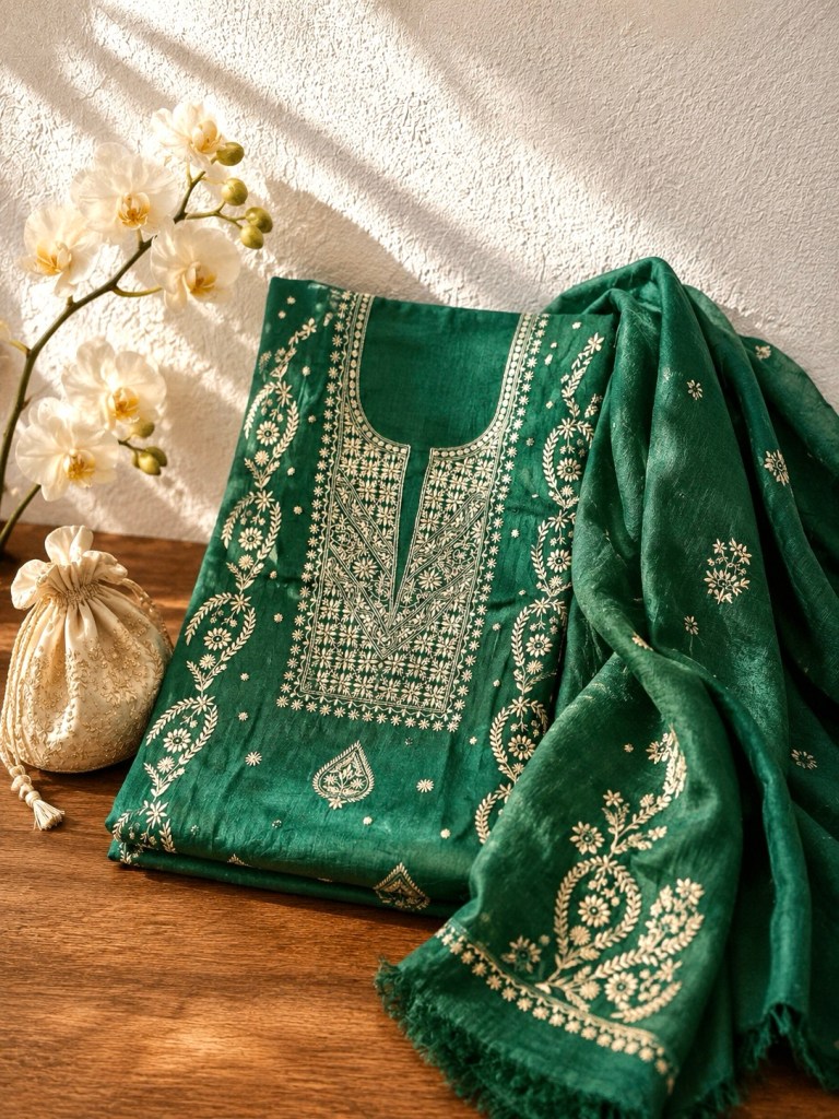 Forest green khadi silk do taar Chikankari kurta dupatta set