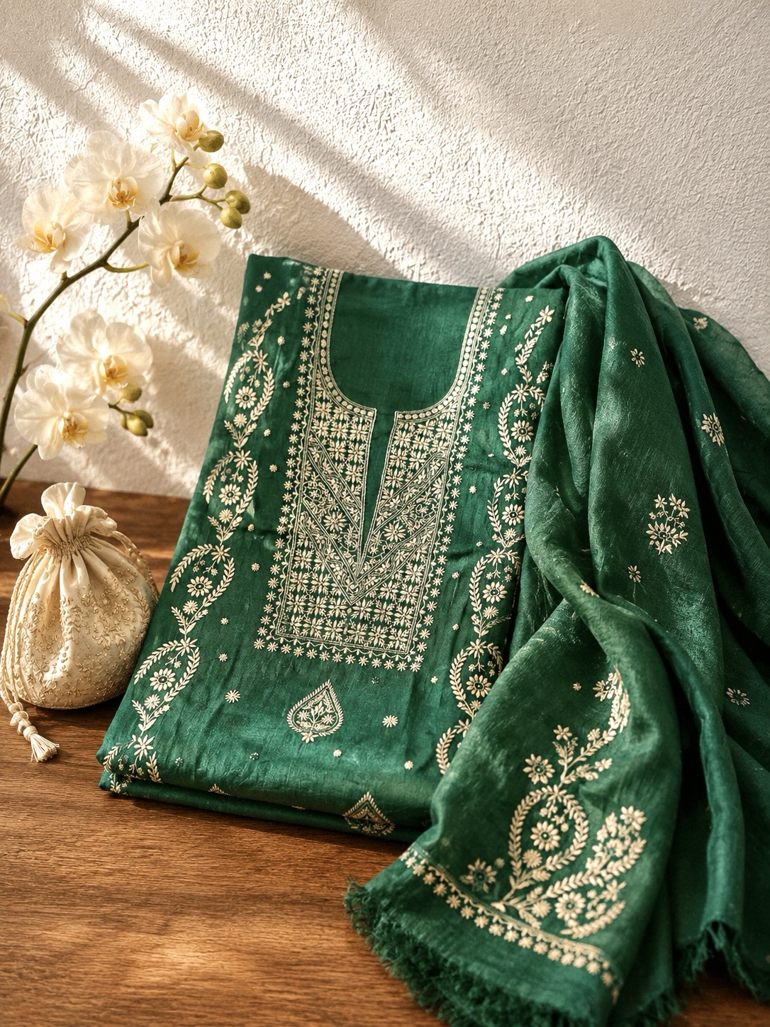 Forest green khadi silk do taar Chikankari kurta dupatta set - Image 1