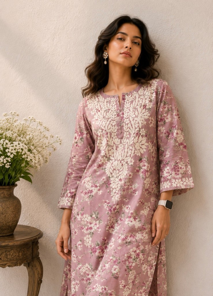 Onion pink floral pure cotton mulmul kurti