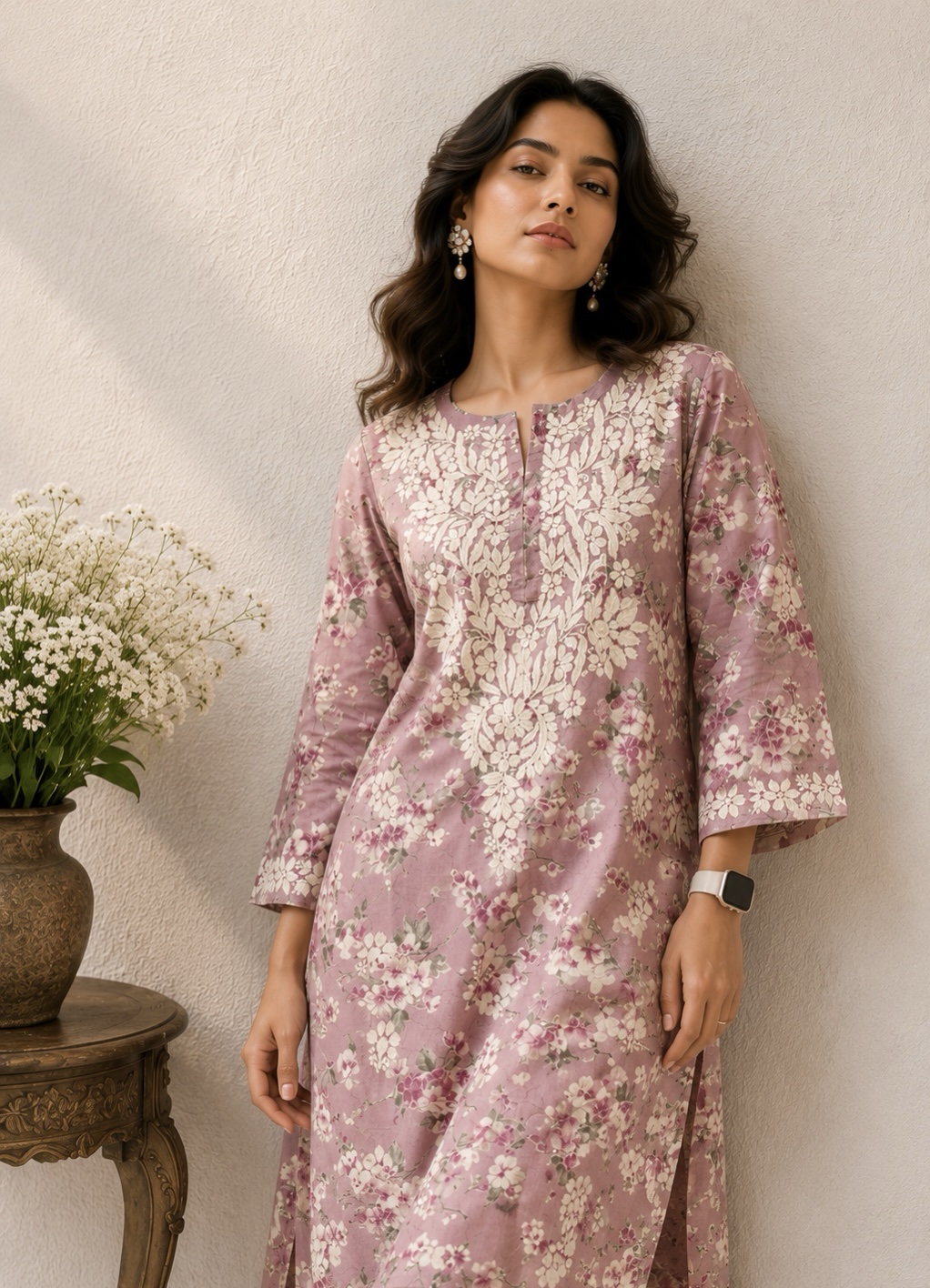 Onion pink floral pure cotton mulmul kurti - Image 2