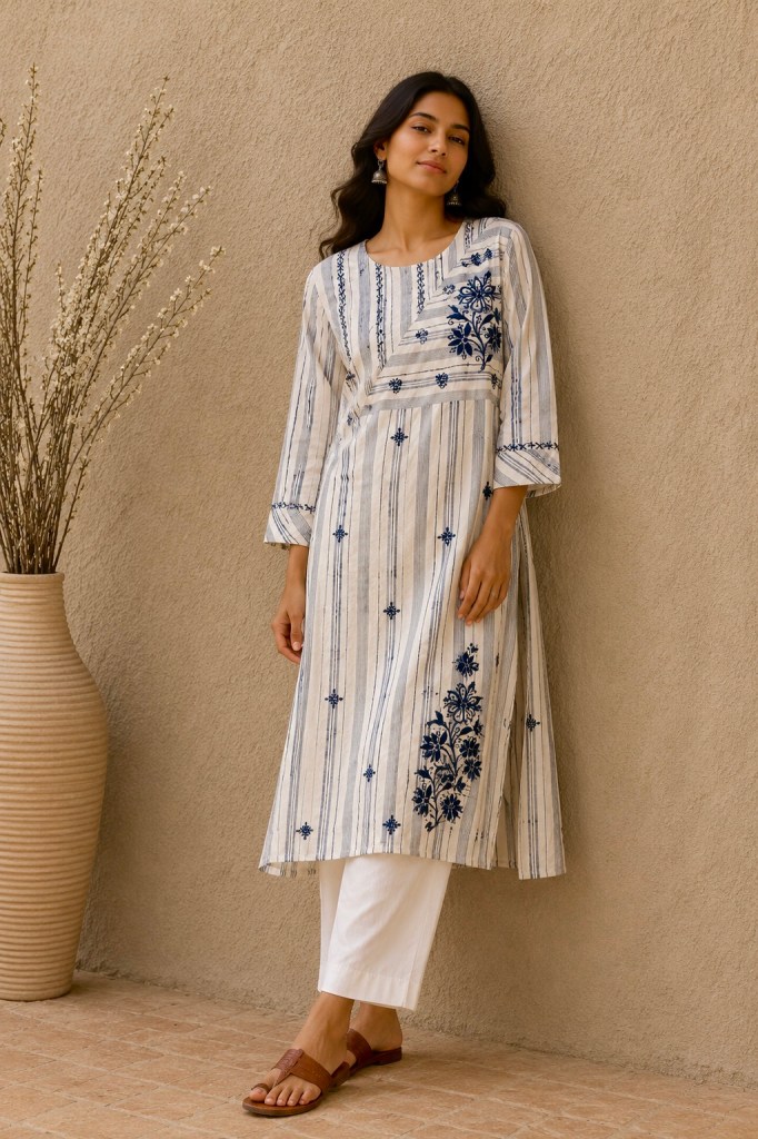 Indigo dual stripe kala cotton Chikankari kurti
