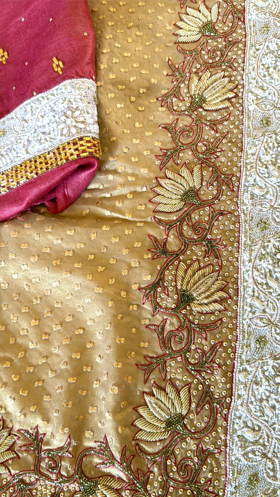 Antique gold jacquard pure georgette saree & red pure silk blouse with handcrafted chikankari & rich zardozi work - ‘a master craftsman piece’