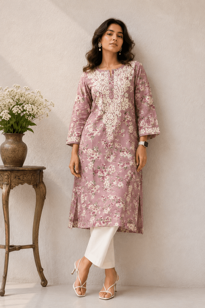 Onion pink floral pure cotton mulmul kurti