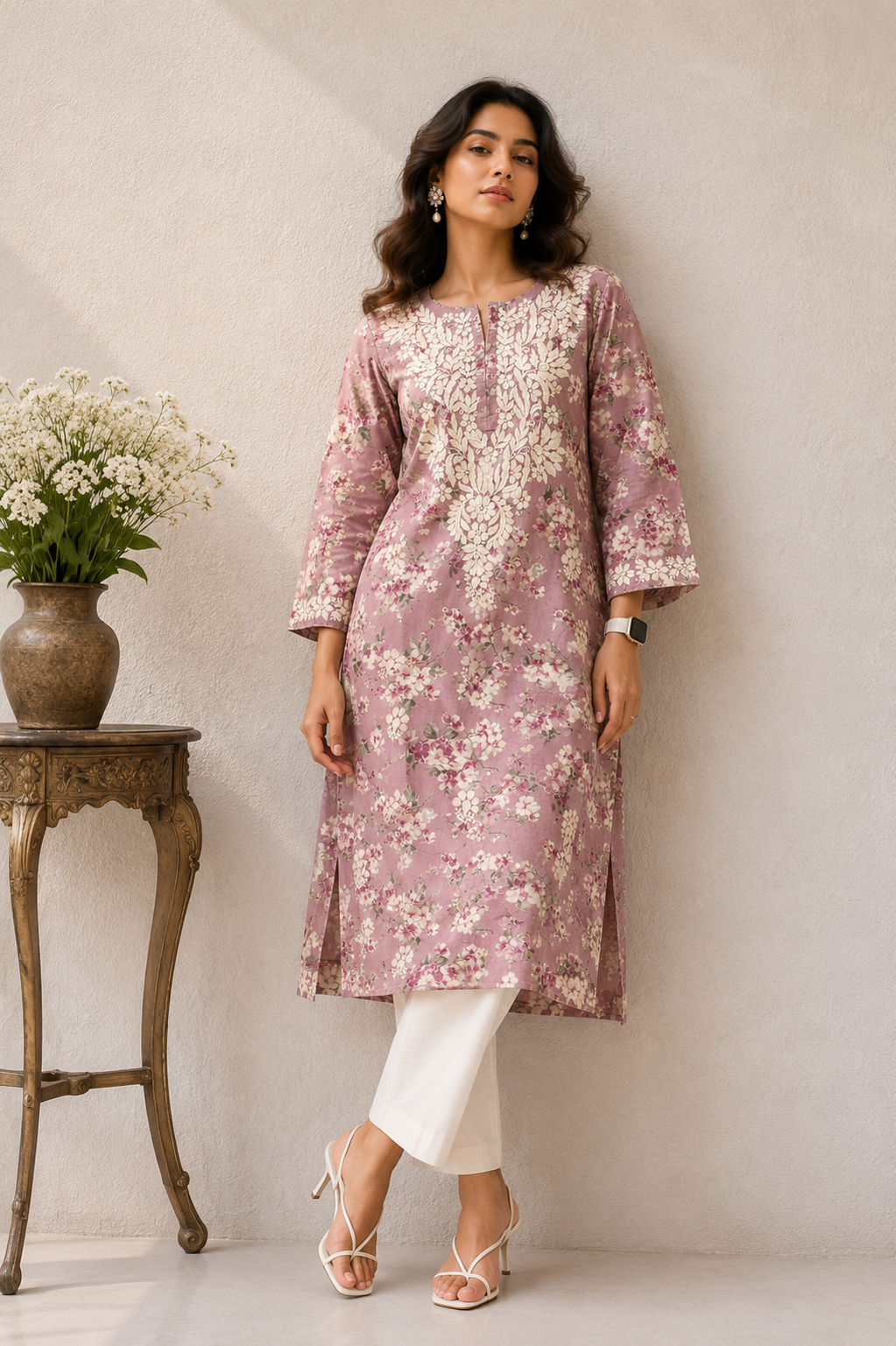 Onion pink floral pure cotton mulmul kurti - Image 1