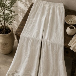 Breezy summer essential white pure cotton pants with applique detailing - free size