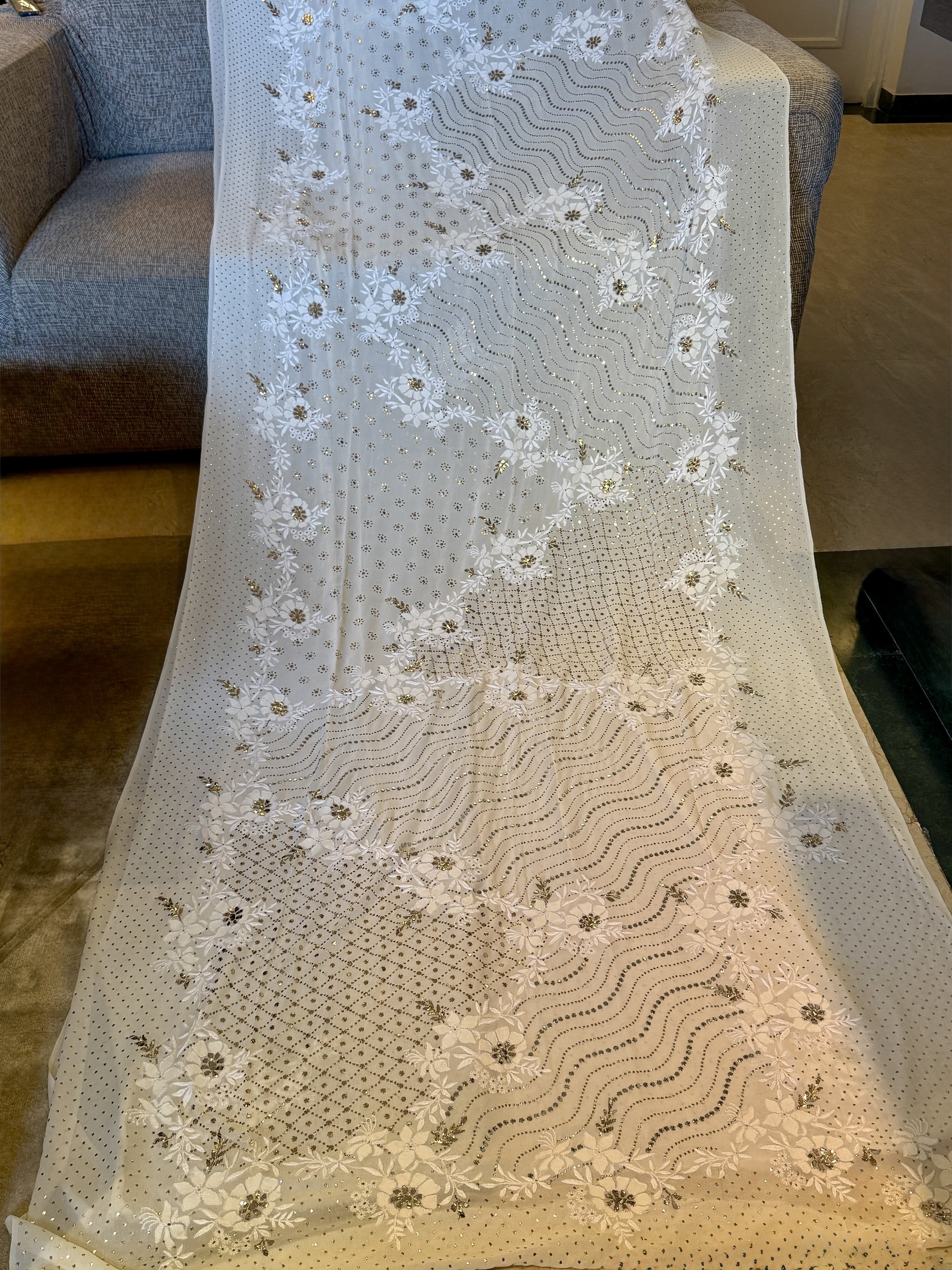 Classic ivory & gold handcrafted mukaish work saree with blouse. A master craftsman piece. - Image 1