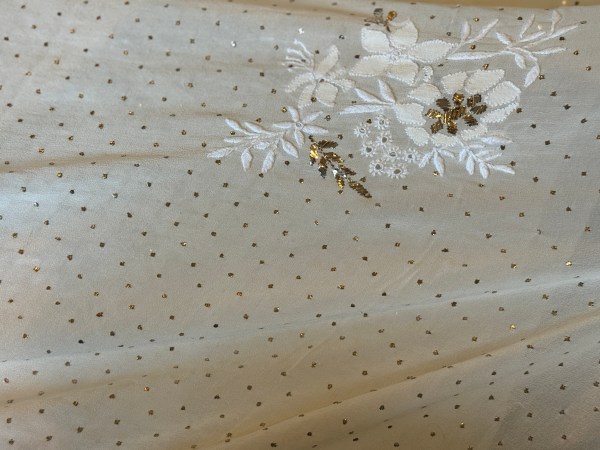 Classic ivory & gold handcrafted mukaish work saree with blouse. A master craftsman piece.