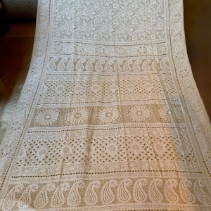 Ivory & gold pure georgette Jaali work jaal Chikankari saree with blouse. A master craftsman piece.