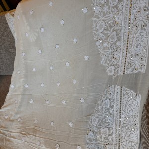 Ivory & gold pure georgette Jaali work jaal Chikankari saree with blouse. A master craftsman piece. - Image 6