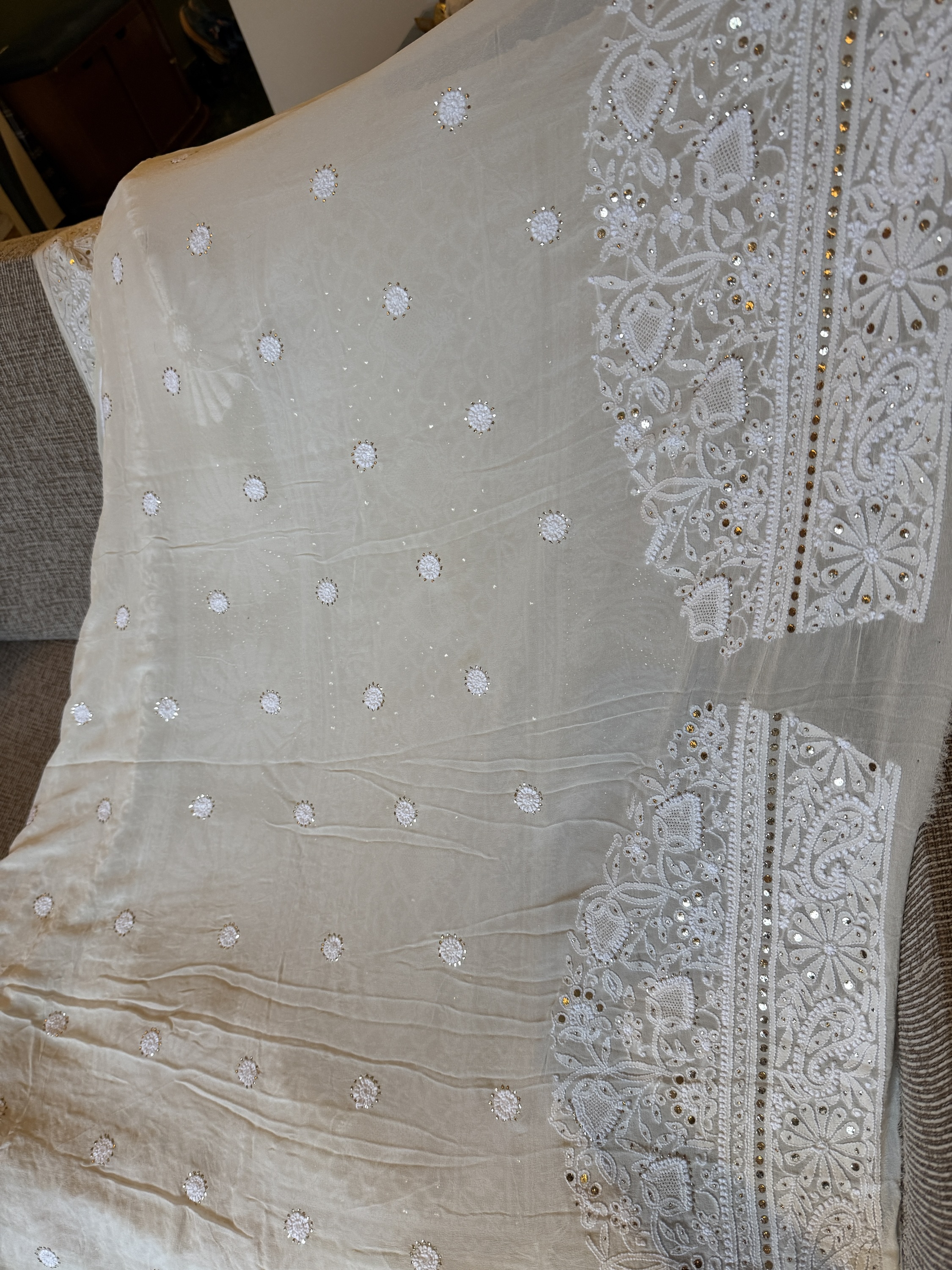 Ivory & gold pure georgette Jaali work jaal Chikankari saree with blouse. A master craftsman piece. - Image 6