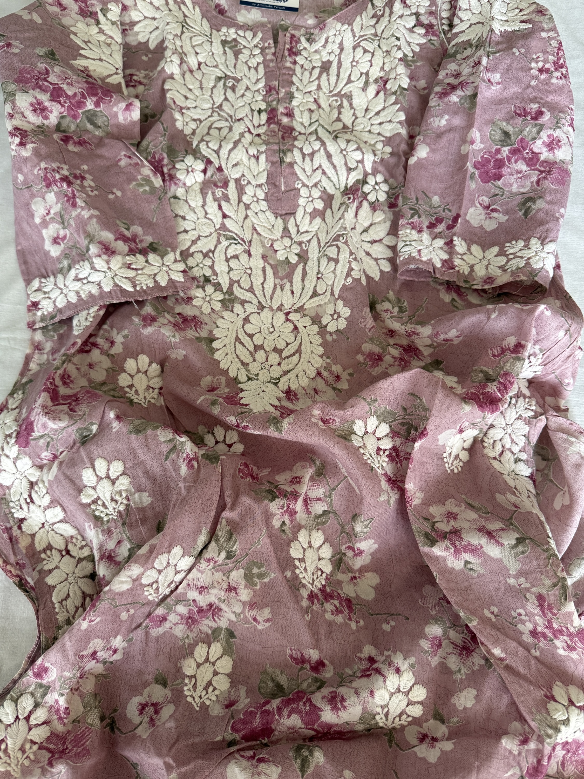 Onion pink floral pure cotton mulmul kurti - Image 3
