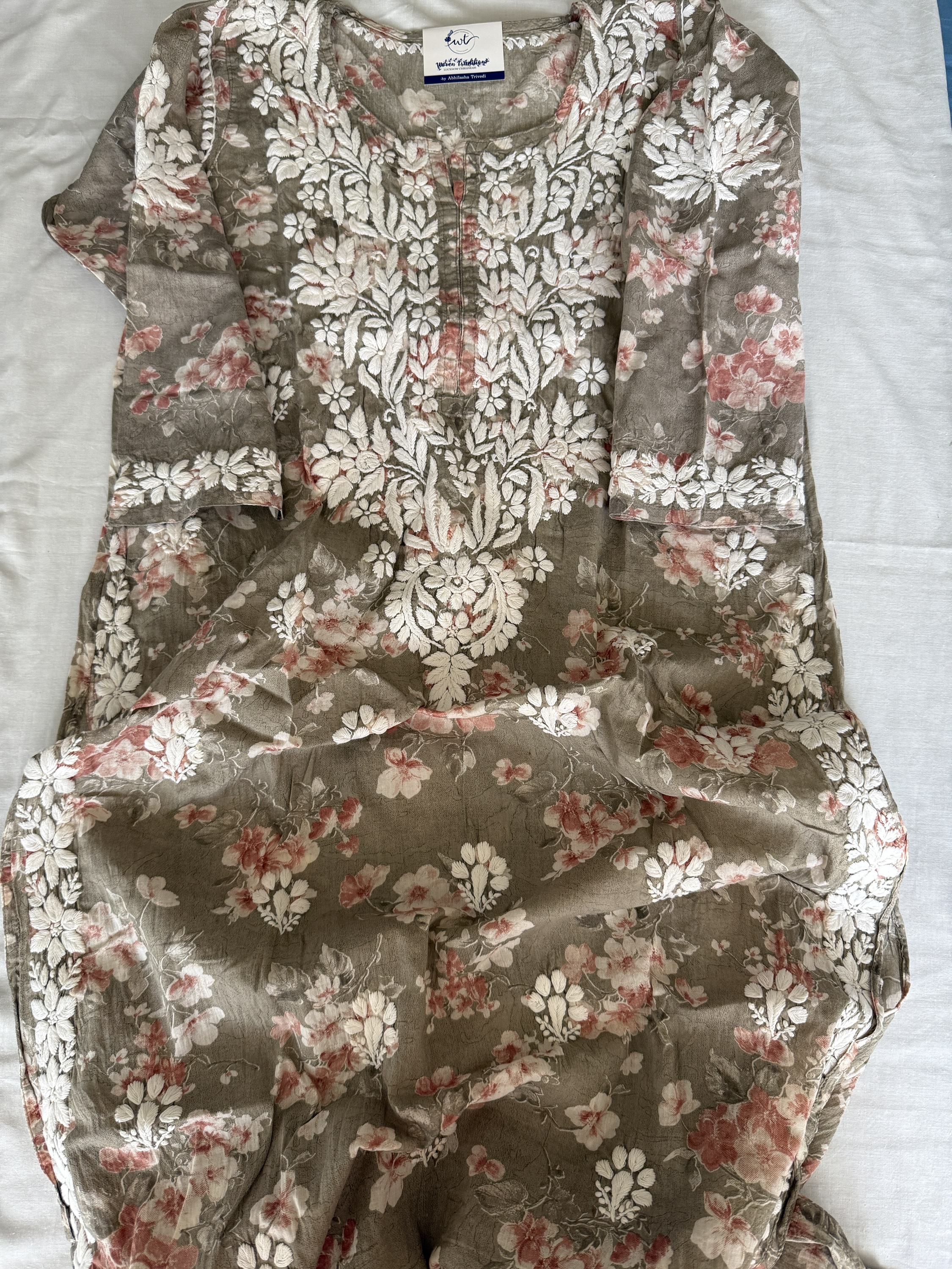 Ash grey floral mulmul cotton kurti - Image 1