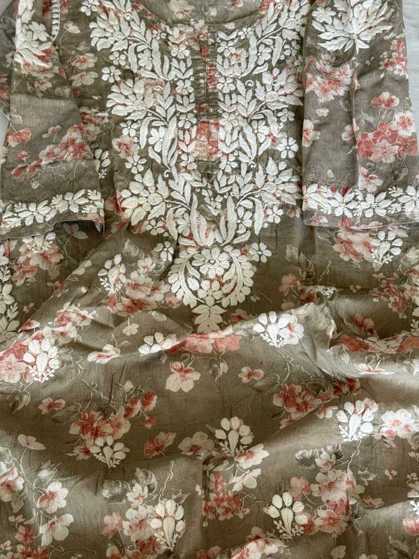 Ash grey floral mulmul cotton kurti