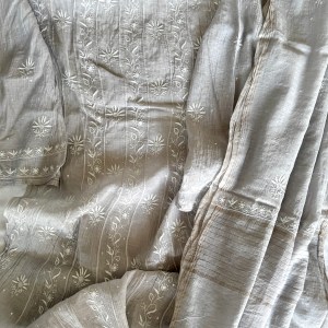 Silver grey semi-stitched Chanderi mulmul ektaar chikankari Anarkali dupatta set