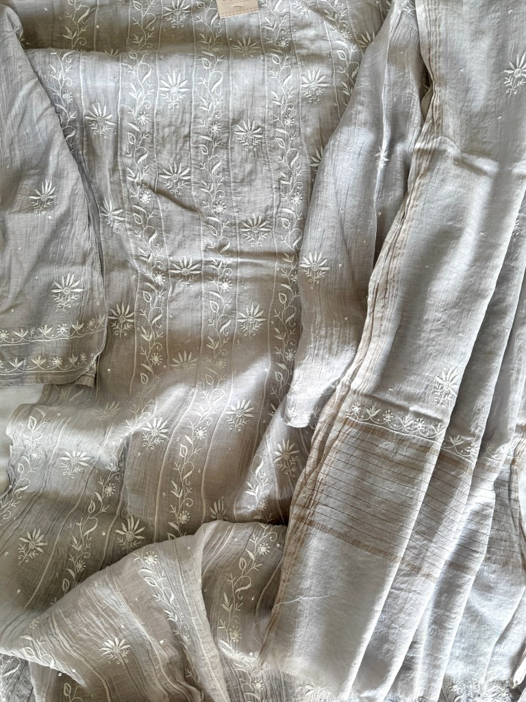 Silver grey semi-stitched Chanderi mulmul ektaar chikankari Anarkali dupatta set