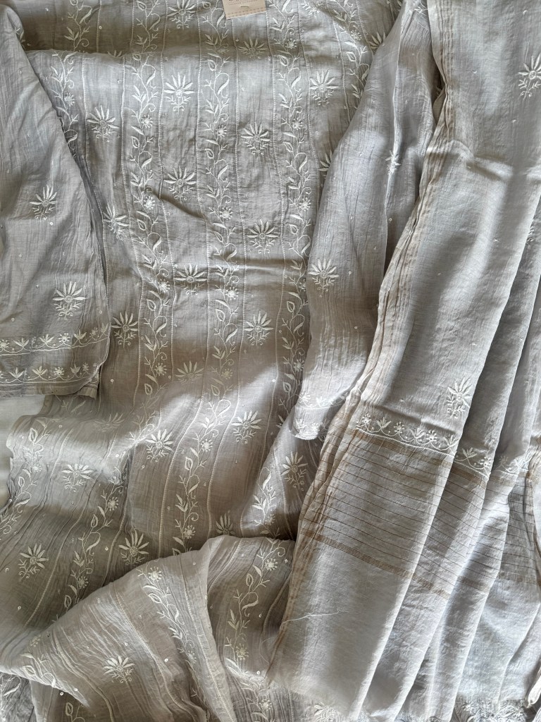 Silver grey semi-stitched Chanderi mulmul ektaar chikankari Anarkali dupatta set