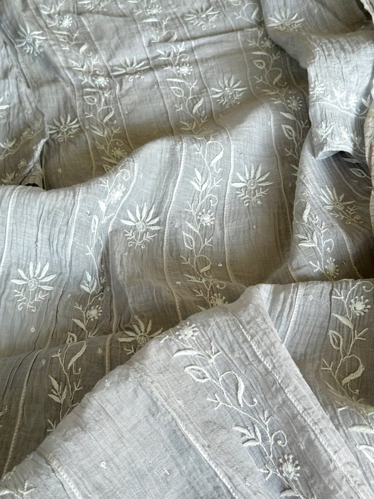 Silver grey semi-stitched Chanderi mulmul ektaar chikankari Anarkali dupatta set
