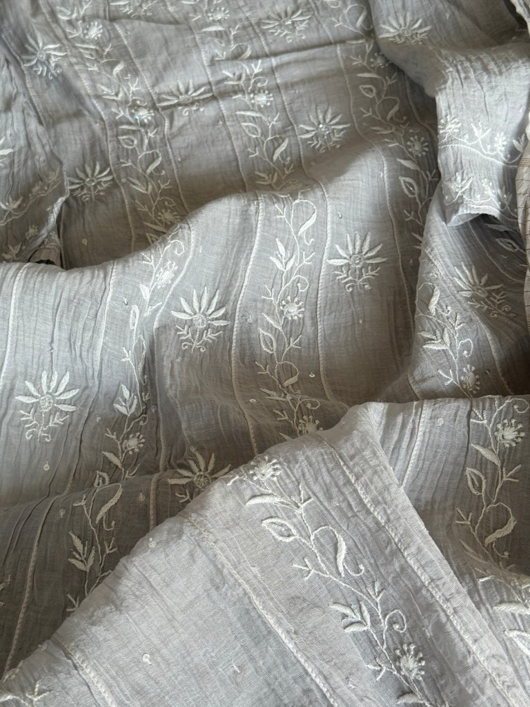 Silver grey semi-stitched Chanderi mulmul ektaar chikankari Anarkali dupatta set