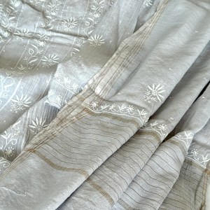 Silver grey semi-stitched Chanderi mulmul ektaar chikankari Anarkali dupatta set - Image 3