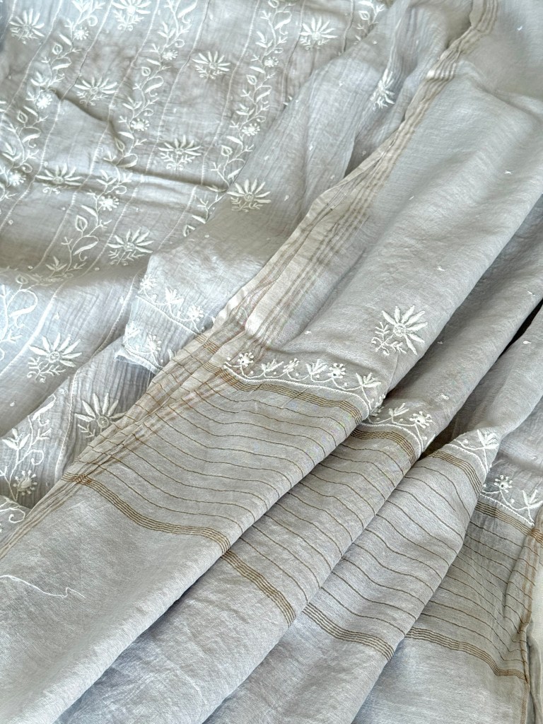 Silver grey semi-stitched Chanderi mulmul ektaar chikankari Anarkali dupatta set