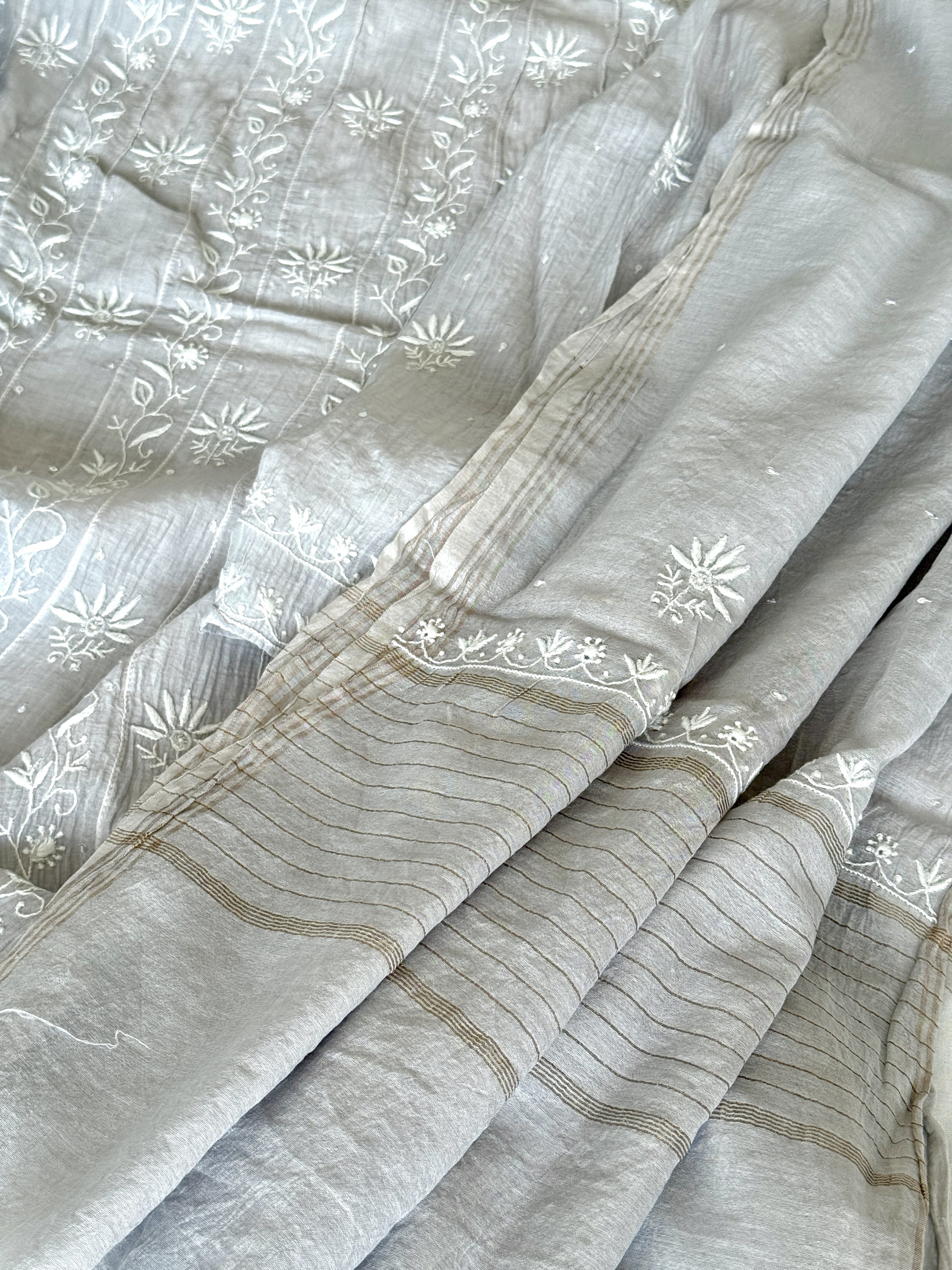 Silver grey semi-stitched Chanderi mulmul ektaar chikankari Anarkali dupatta set - Image 3