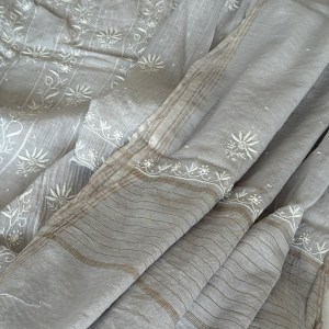Silver grey semi-stitched Chanderi mulmul ektaar chikankari Anarkali dupatta set - Image 5