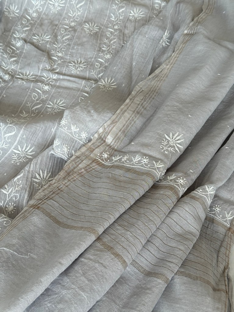 Silver grey semi-stitched Chanderi mulmul ektaar chikankari Anarkali dupatta set