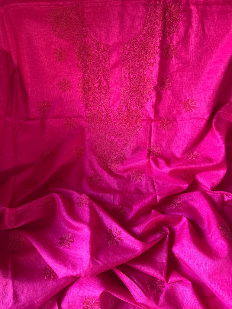 Fuchsia silk Chikankari kurta piece