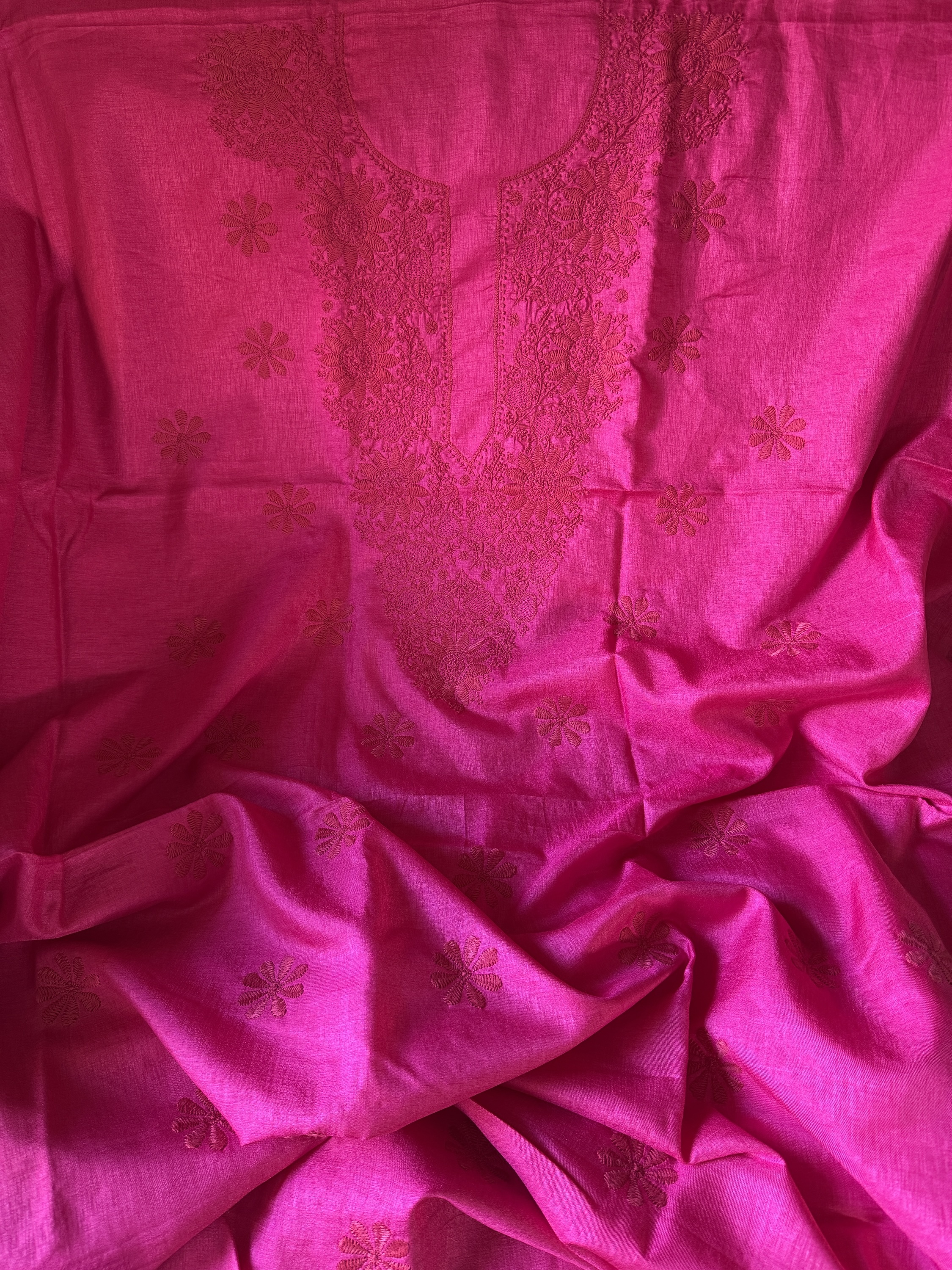 Fuchsia silk Chikankari kurta piece - Image 1
